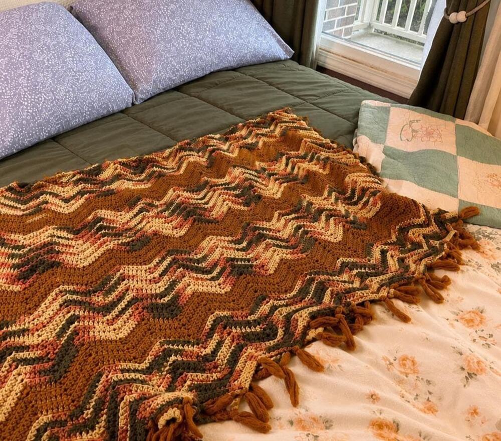 Vintage 1970s Crochet Afghan Throw 62x37 Chevron Fringed Boho Blanket